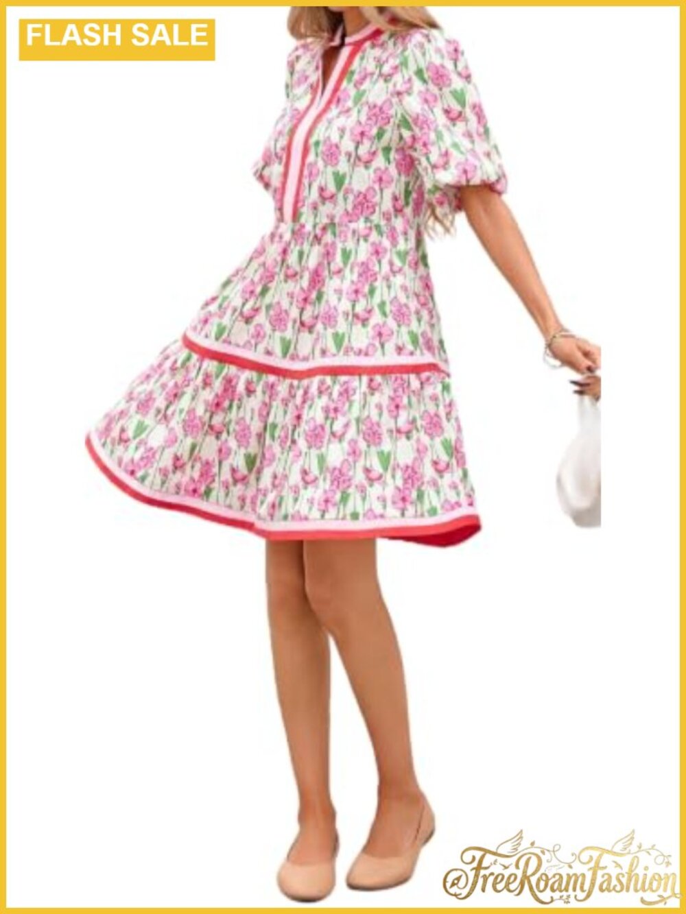 Cotton Floral Babydoll Mini Dress V Neck Puff Sleeve Sundress